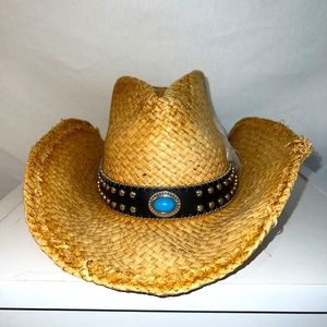 Funky/Edgy YSL Straw Cowboy Hat - Leather/Studs/Turquoise/Velvet - 80% OFF SALE!